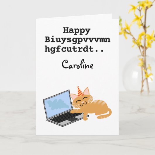 Funny ginger cat Birthday op laptop Kaart (Gele Bloem)