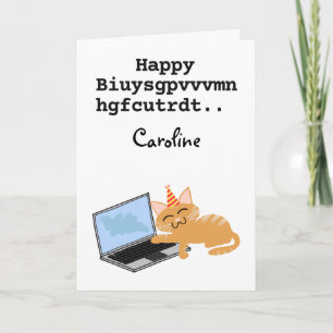 Funny ginger cat Birthday op laptop Kaart