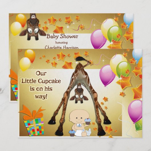 Funny Giraffe, Baby Boy en Cupcakes Baby shower Kaart (Voorkant / Achterkant)