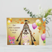 Funny Giraffe, Baby Girl en Cupcakes Baby shower Kaart (Staand voorkant)