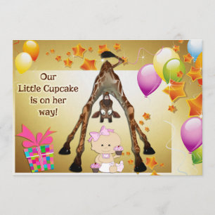Funny Giraffe, Baby Girl en Cupcakes Baby shower Kaart