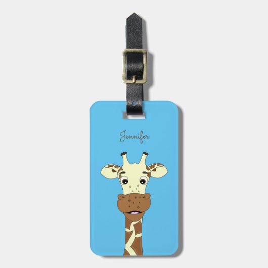Funny giraffe cartoon blauw bagagelabel (Voorkant verticaal)