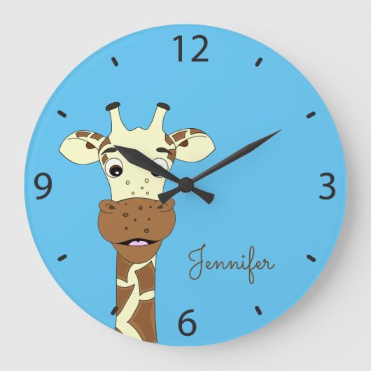 Funny giraffe cartoon blauw kinder naam muurklok grote klok (Voorkant)
