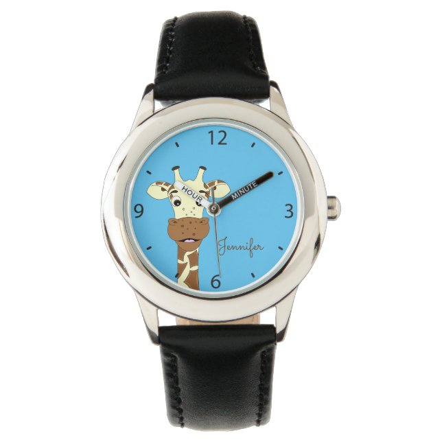 Funny giraffe cartoon blauw naam kinder watch horloge (Voorkant)