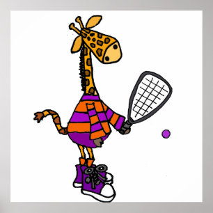 Funny Giraffe die Racquetball Cartoon speelt Poster