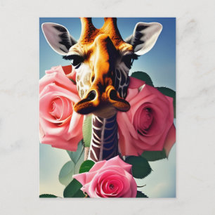 Funny Giraffe en Rozen Digital Art Briefkaart