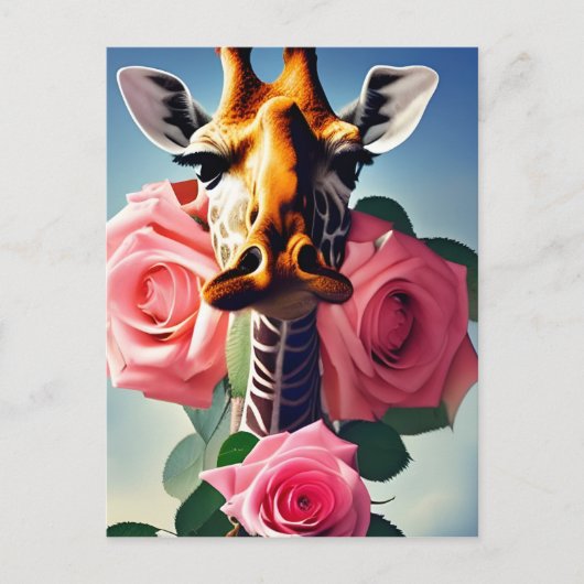 Funny Giraffe en Rozen Surreal Briefkaart (Voorkant)