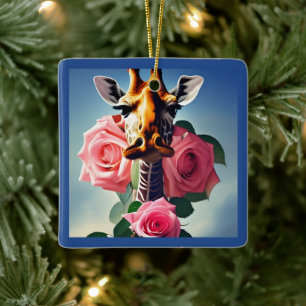 Funny Giraffe en Rozen Surreal-gepersonaliseerd Keramisch Ornament