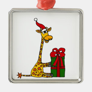 Funny Giraffe in Santa Hat-kerstontwerp Metalen Ornament