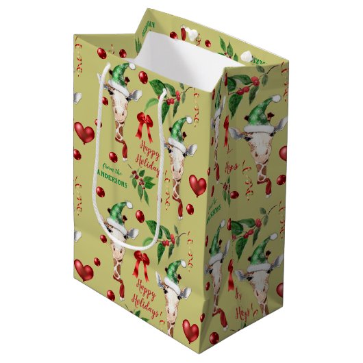 Funny Giraffe Santa Hat Holly Kerstmis Medium Cadeauzakje (Voorkant Gekanteld)
