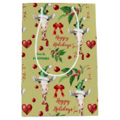 Funny Giraffe Santa Hat Holly Kerstmis Medium Cadeauzakje (Voorkant)