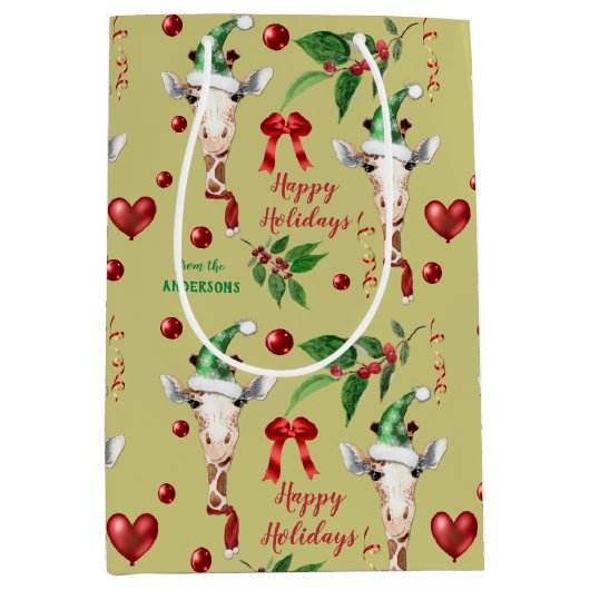 Funny Giraffe Santa Hat Holly Kerstmis Medium Cadeauzakje (Voorkant)