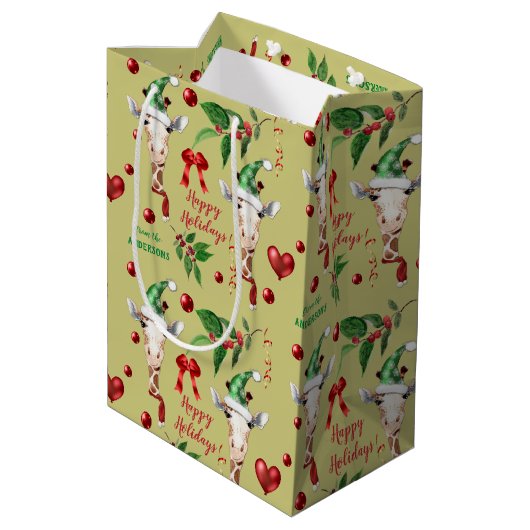 Funny Giraffe Santa Hat Holly Kerstmis Medium Cadeauzakje (Achterkant Gekanteld)