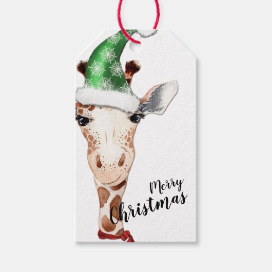 Funny Giraffe Santa Hat Kerstmis Cadeaulabel (Voorkant)