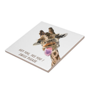 Funny Giraffe Tongue Out and Playful Wink - Smile  Tegeltje