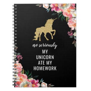 Funny Girly Floral Gold Glitter Unicorn Notitieboek