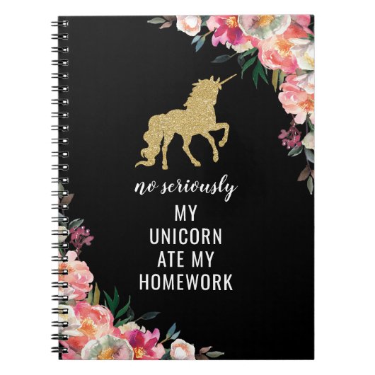 Funny Girly Floral Gold Glitter Unicorn Notitieboek (Voorkant)