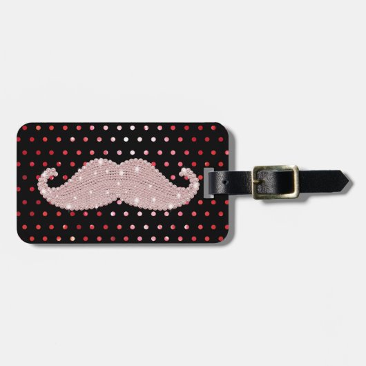 Funny Girly Pink Bling Mustache Polka Dots Pattern Bagagelabel (Voorkant horizontaal)