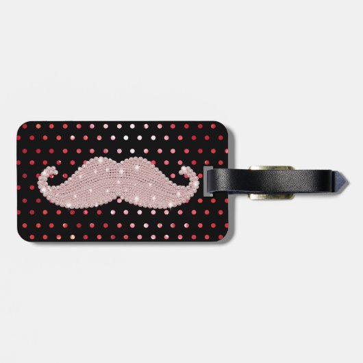 Funny Girly Pink Bling Mustache Polka Dots Pattern Bagagelabel (Achterkant horizontaal)