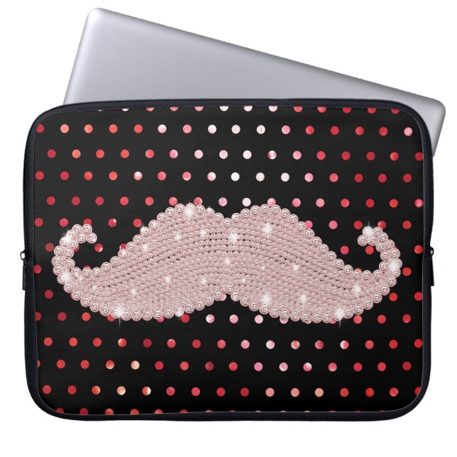 Funny Girly Pink Bling Mustache Polka Dots Pattern Laptop Sleeve (Voorkant)