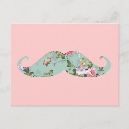 Funny Girly  Red Pink Floral Mustache Briefkaart (Voorkant)