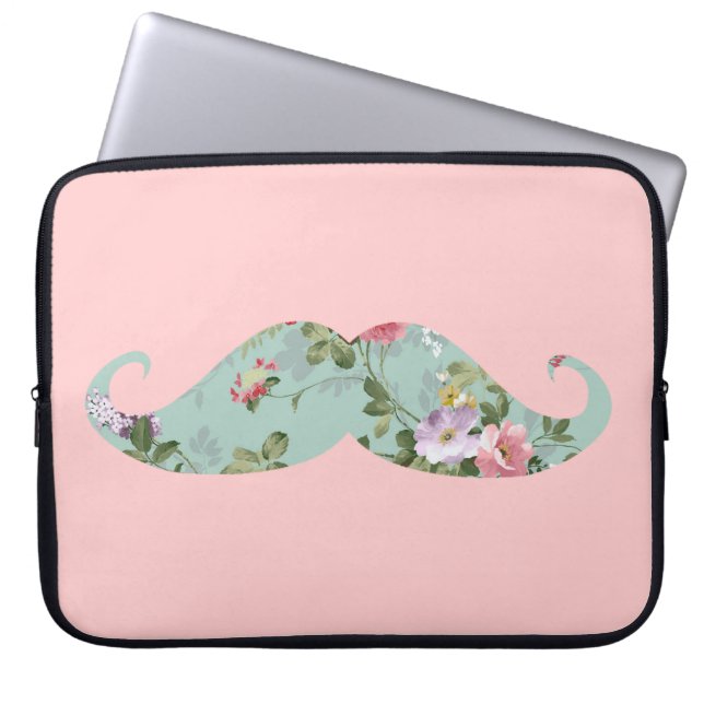 Funny Girly  Red Pink Floral Mustache Laptop Sleeve (Voorkant)