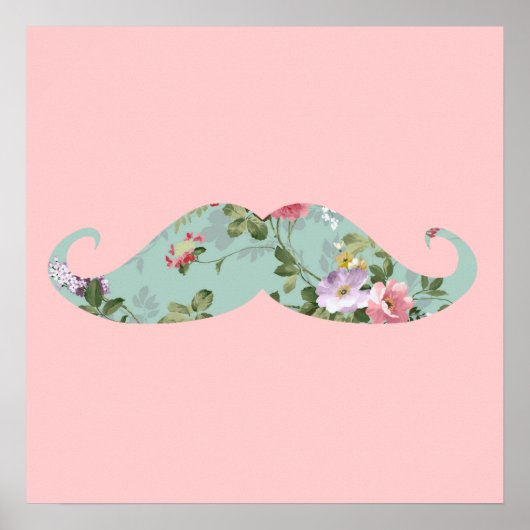 Funny Girly  Red Pink Floral Mustache Poster (Voorkant)