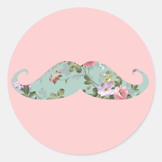 Funny Girly  Red Pink Floral Mustache Ronde Sticker (Voorkant)