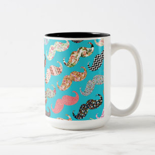 Funny Girly Turquoise Floral Aztec Mustaches Tweekleurige Koffiemok