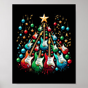 Funny Gitaar Kerstman Hoed Kerstboom Gitaar Muziek Poster