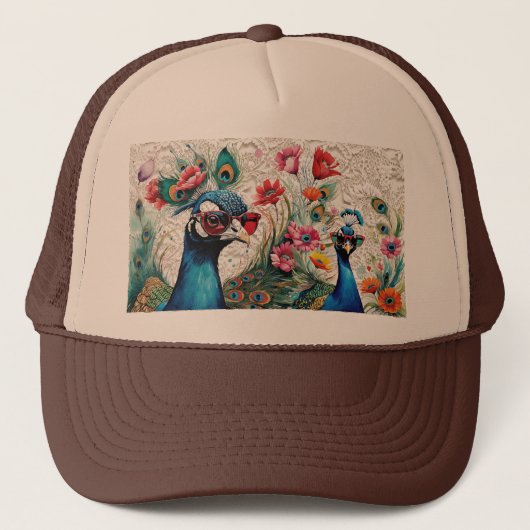 Funny Glam Peacocks Bloemen met Kant Trucker Pet (Voorkant)