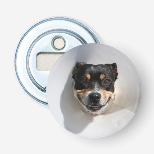 Funny glimlachte hond button flesopener (Voorkant)