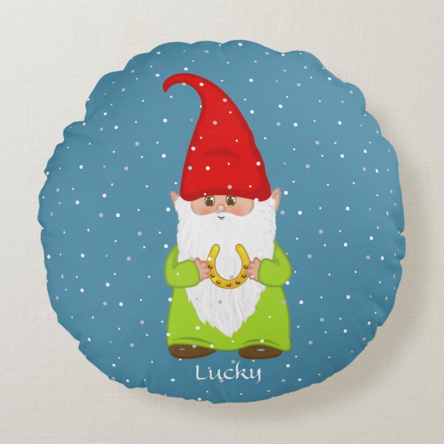 Funny Gnome and Hoefijzer on Sapphire Blue Rond Kussen (Voorkant)