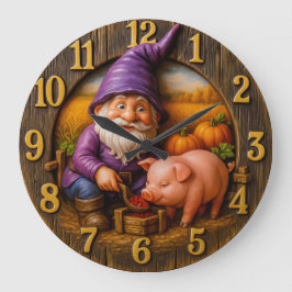 Funny Gnome and Pig in Autumn Harvest Scene clock Grote Klok