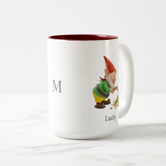 Funny Gnome, Gold Coins, Calligraphy & Monogram Tweekleurige Koffiemok (Voorkant rechts)