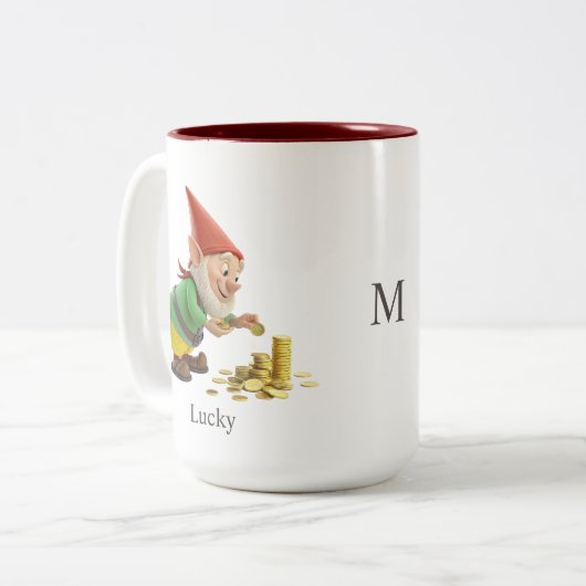 Funny Gnome, Gold Coins, Calligraphy & Monogram Tweekleurige Koffiemok (Voorkant links)