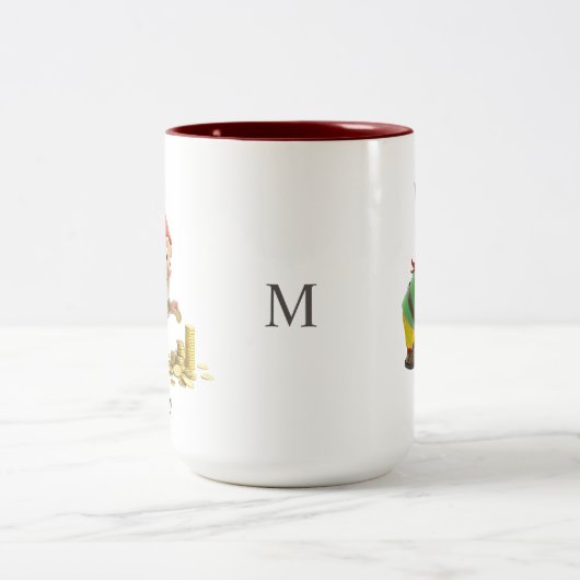 Funny Gnome, Gold Coins, Calligraphy & Monogram Tweekleurige Koffiemok (Center)