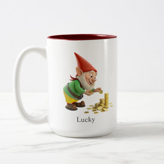 Funny Gnome, Gold Coins, Calligraphy & Monogram Tweekleurige Koffiemok (Links)