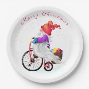 Funny Gnome met Bike en Gifts Kerstmis Papieren Bordje