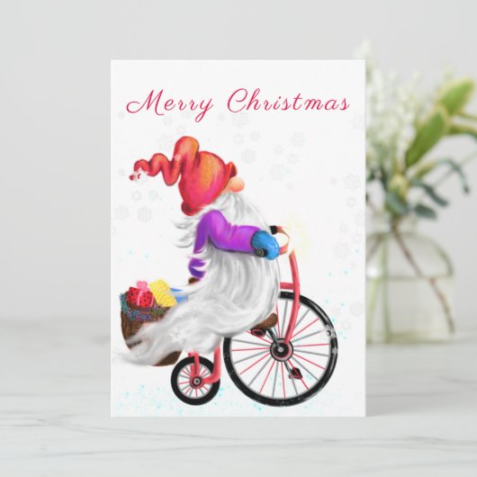 Funny Gnome met Bike en Gifts - Vrolijk kerstfeest (Staand voorkant)