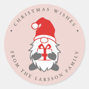 Funny Gnome met Cadeau en Santa hat Pink Ronde Sticker