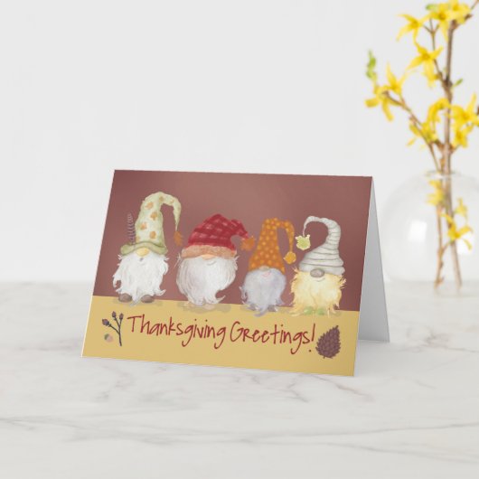 Funny Gnome Thanksgiving Greetings Kaart (Gele Bloem)