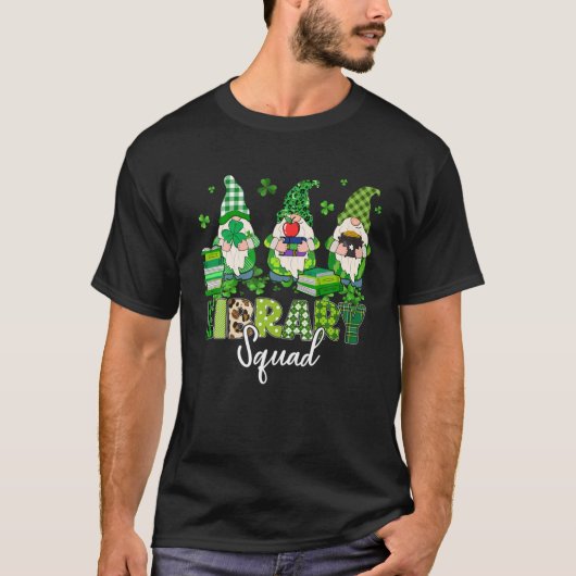 Funny Gnomes Leopard Shamrock Library Squad St Pat T-shirt (Voorkant)