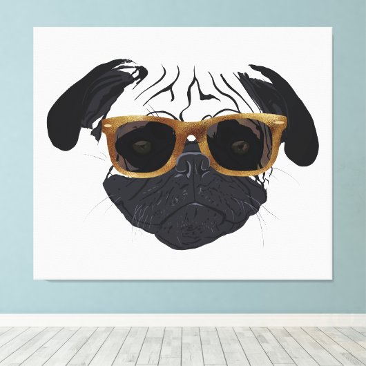 Funny Golden Glasses Pug Dog Illustration Canvas Afdruk (Insitu (Houten vloer))