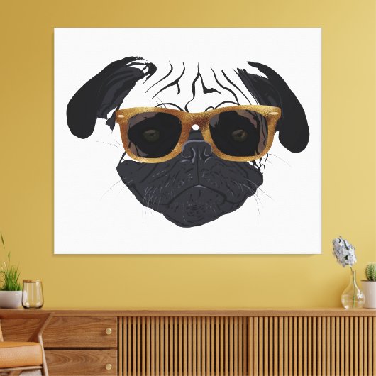 Funny Golden Glasses Pug Dog Illustration Canvas Afdruk (Insitu (Woonkamer))
