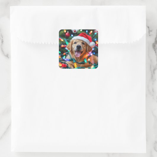 Funny Golden Retriever Christmas Design – Puppy Vierkante Sticker (Tas)