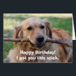Funny Golden Retriever Dog Humor Happy Birthday<br><div class="desc">Een mooie verjaardagskaart met een gekke gouden recuperator met een stok,  met een grappig citaat "Happy Birthday! Ik heb je deze stok."</div>