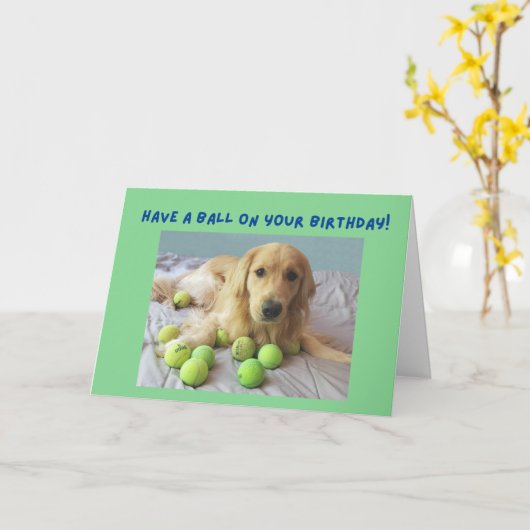 Funny Golden Retriever met Tennis Balls Birthday Kaart (Gele Bloem)