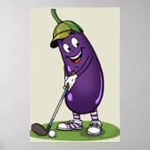 Funny Golf Eggplant Character: Cartoon Golfer Vege Poster (Voorkant)