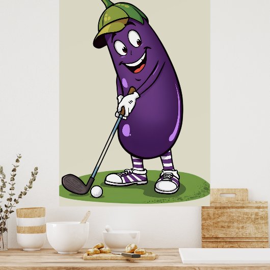 Funny Golf Eggplant Character: Cartoon Golfer Vege Poster (Keuken)